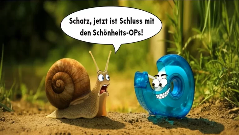 Bist du noch perfekt oder lebst du schon? Eine Schnecke und eine Tesafilm Rolle leben miteinander.